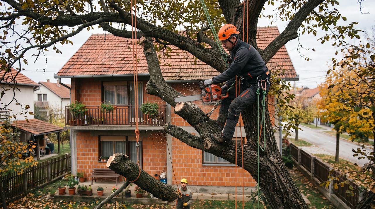 Arborista na užadima seče granu oraha pored kuće